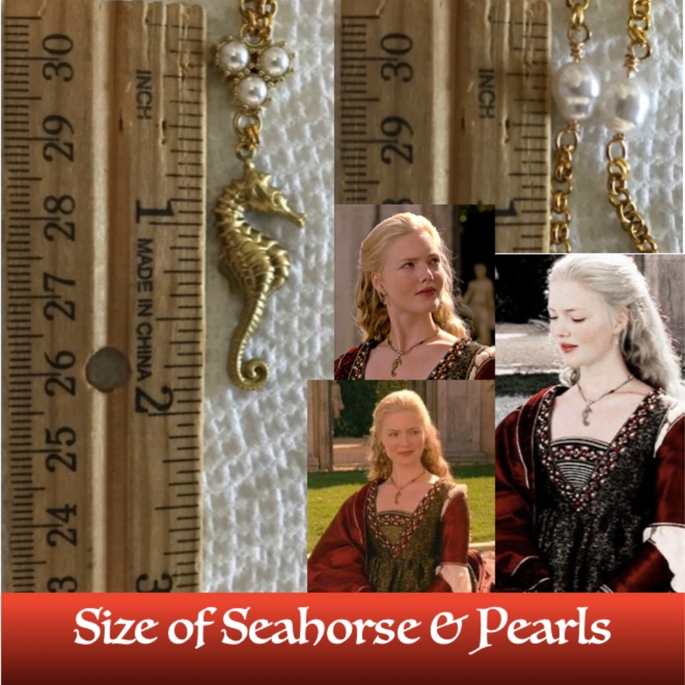 Lucrezia Borgia Gold Seahorse with Pearls Renaissance Necklace, Handmade Replica - Picture 14 of 15